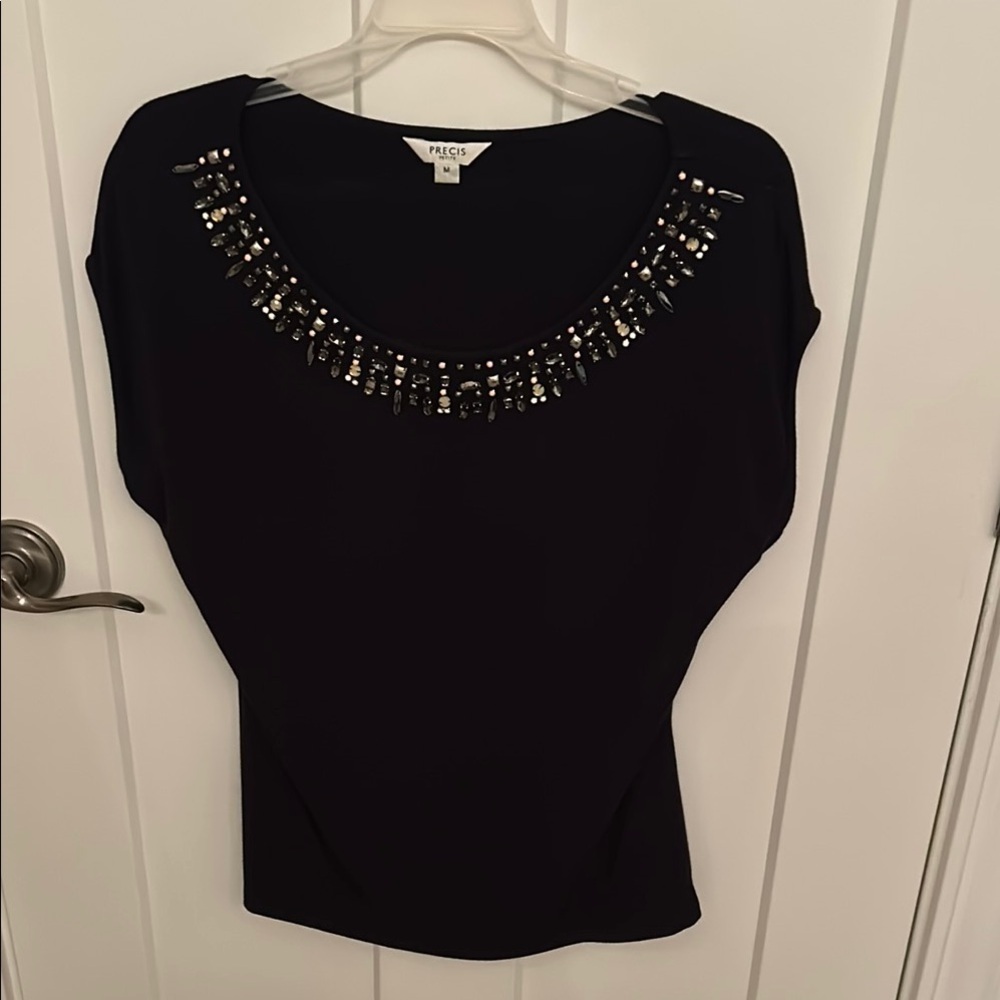 Black Short Sleeve Embellished Scoop Neck Tee